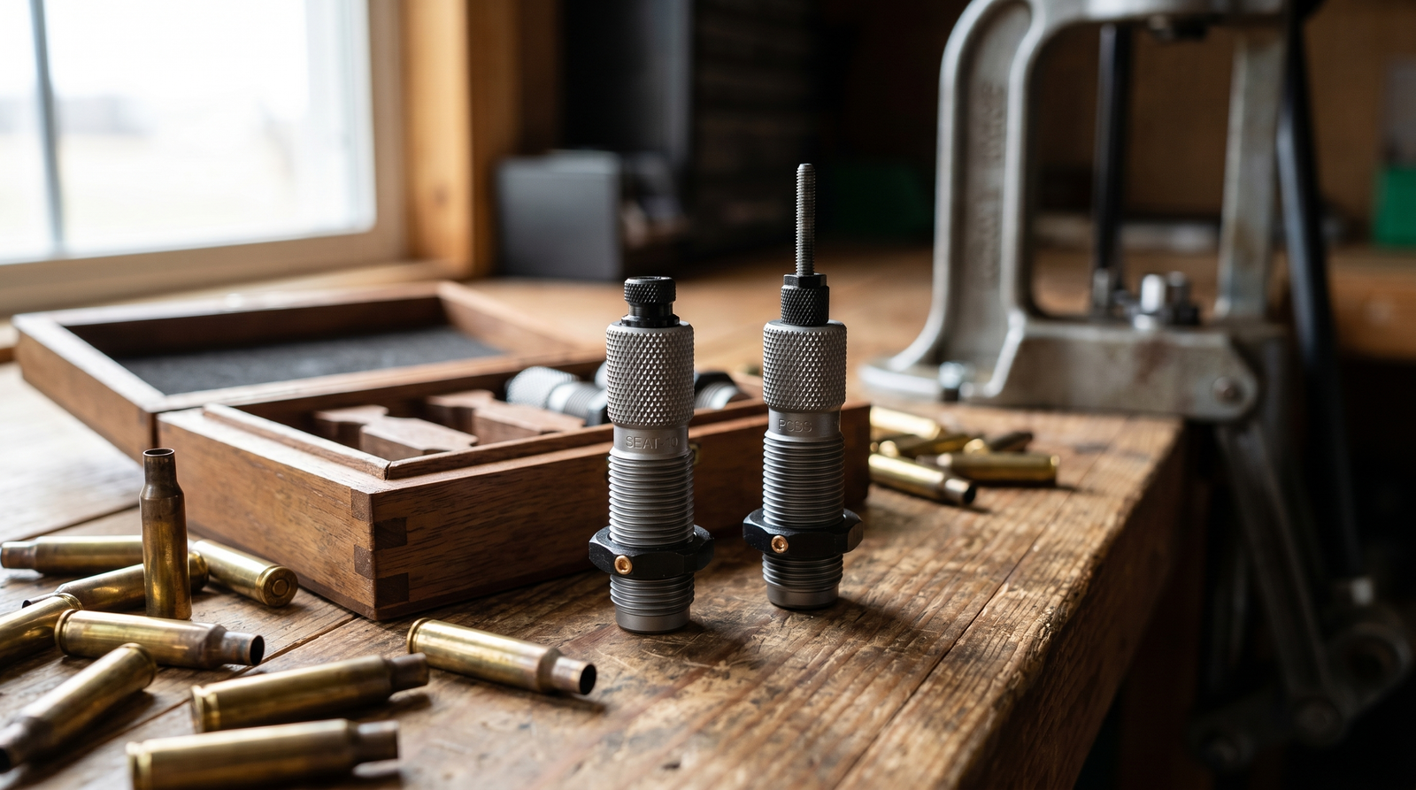 A pair of reloading dies standing on a wooden bench beside a fitted die box, scattered brass cases, and a reloading press