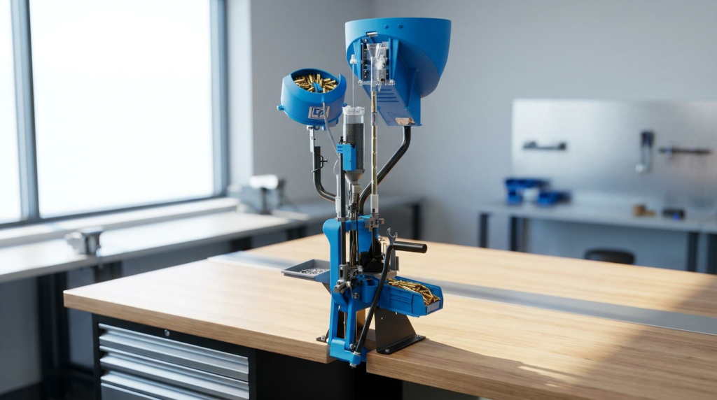 6 Best Reloading Presses (2026): Single-Stage, Turret & Progressive 2 Blue Dillon XL 750 progressive reloading press on a workshop bench with case feeder and brass