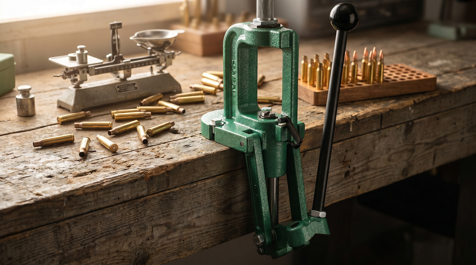 6 Best Reloading Presses (2026): Single-Stage, Turret & Progressive 1 RCBS Rock Chucker Supreme single-stage reloading press on a wooden reloading bench with scattered brass cases, loading block, and a powder scale
