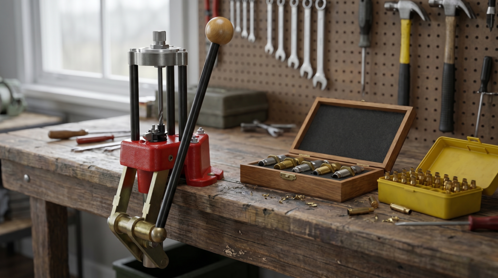 6 Best Reloading Presses (2026): Single-Stage, Turret & Progressive 3 Red Lee Classic Turret reloading press on a rustic workbench with a die box and ammo box