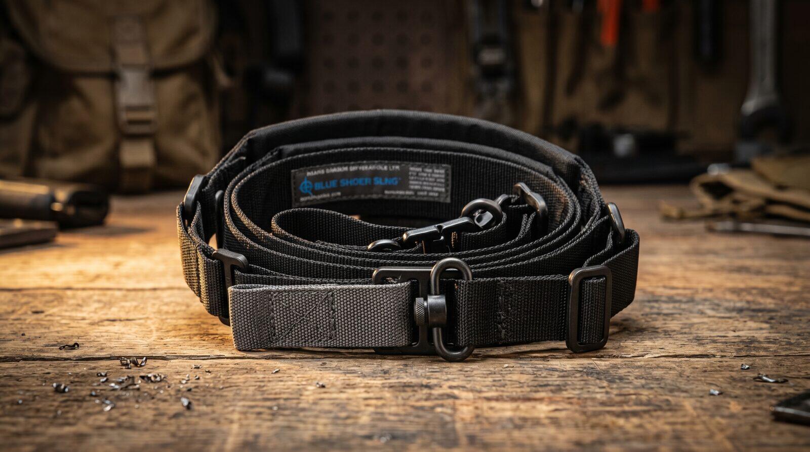 Coiled two-point rifle sling with quick-detach hardware on a wooden workbench