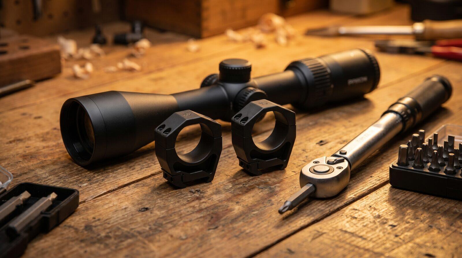 Scope rings and a riflescope on a gunsmithing workbench with a torque wrench and hex bits