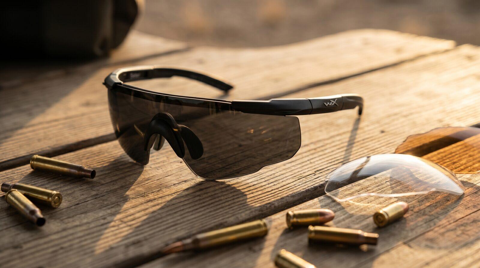 Wraparound ballistic shooting glasses with a spare lens and brass cartridges on a range bench