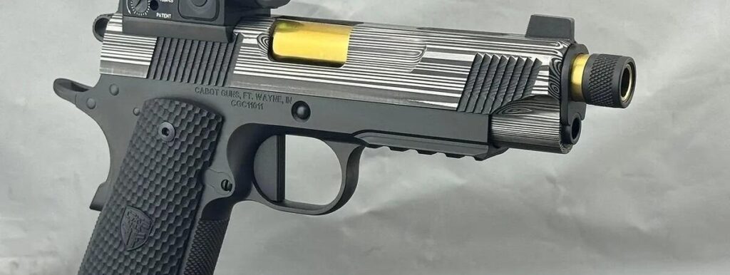 Cabot Apocalypse 2.0: A $8,495 Damascus-Slide 1911 2 Cabot Apocalypse 2.0 1911 pistol with a hand-forged, hand-etched stainless Damascus slide showing a unique swirling pattern