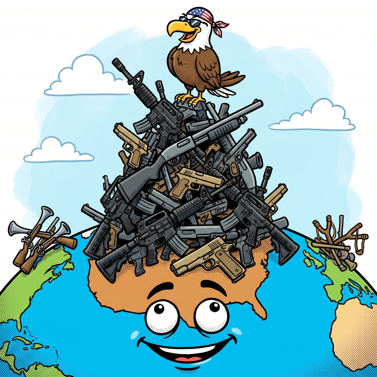 US Gun Statistics (2026): How Many Guns in America, Ownership Data, and Industry Facts 33 Cartoon of a smiling Earth with the United States drawn as a giant mound of firearms topped by a patriotic bald eagle, while the rest of the world holds only small stacks, showing America owns roughly half of all civilian guns on the planet. Source: USA Gun Shop.