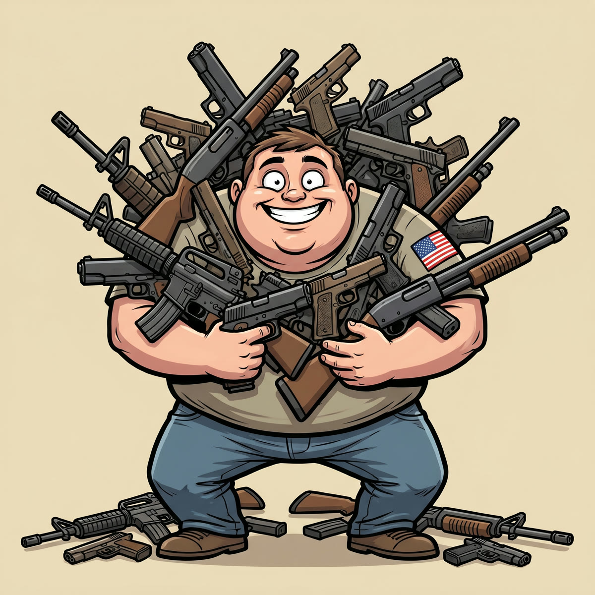 US Gun Statistics (2026): How Many Guns in America, Ownership Data, and Industry Facts 37 Cartoon of a cheerful American man struggling to hold an enormous armful of rifles, shotguns and pistols, illustrating America’s gun super-owners who hold a large share of the country’s firearms. Source: USA Gun Shop.