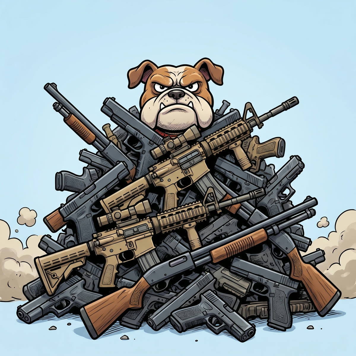 US Gun Statistics (2026): How Many Guns in America, Ownership Data, and Industry Facts 35 Cartoon of a grumpy bulldog sitting atop a large pile of civilian firearms, illustrating that America has roughly four guns for every pet dog. Source: USA Gun Shop.