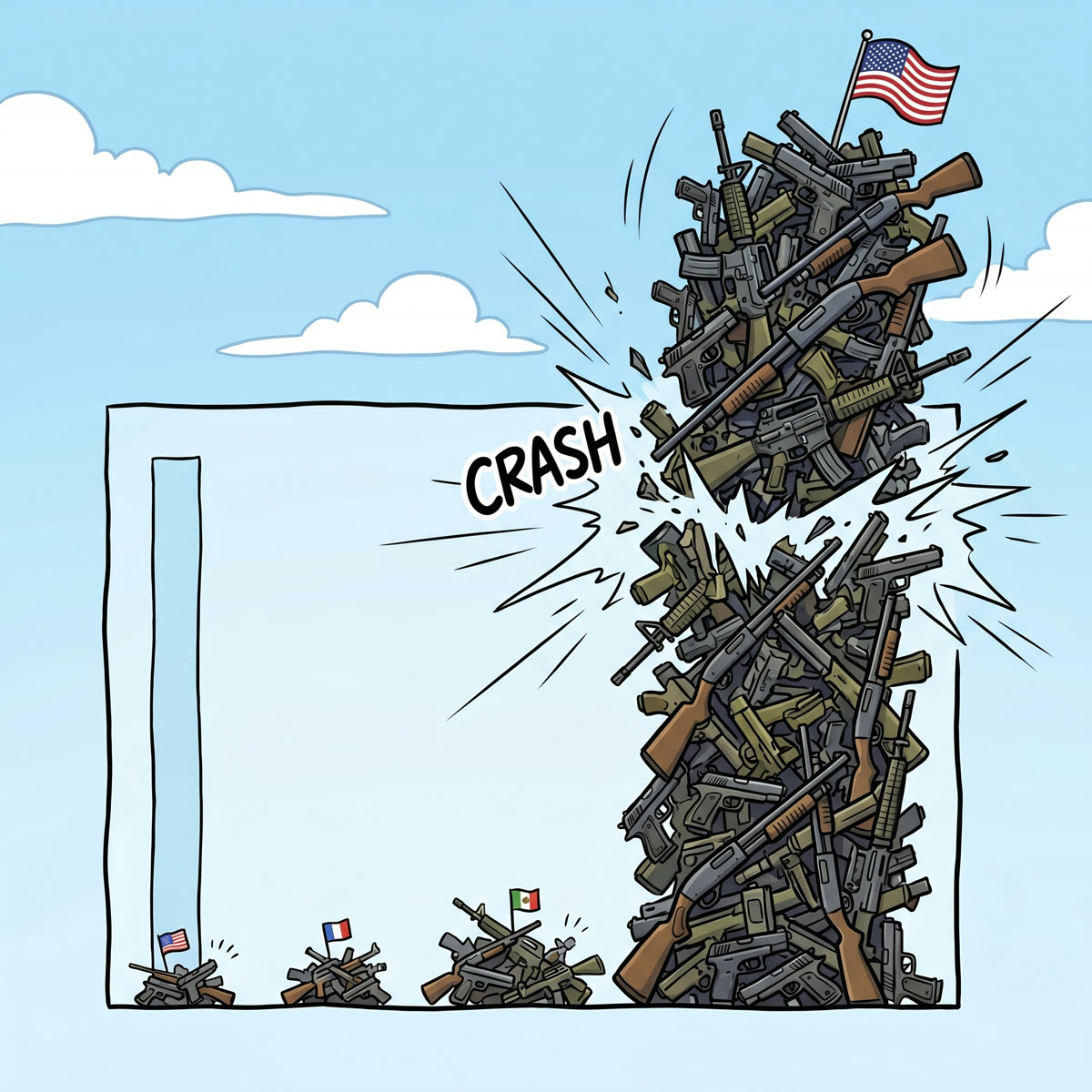 US Gun Statistics (2026): How Many Guns in America, Ownership Data, and Industry Facts 34 Cartoon bar chart in which the United States bar, a giant flag-topped pile of guns, crashes through and breaks out of the chart frame while other nations show only tiny stacks, illustrating that American gun ownership is off the charts. Source: USA Gun Shop.