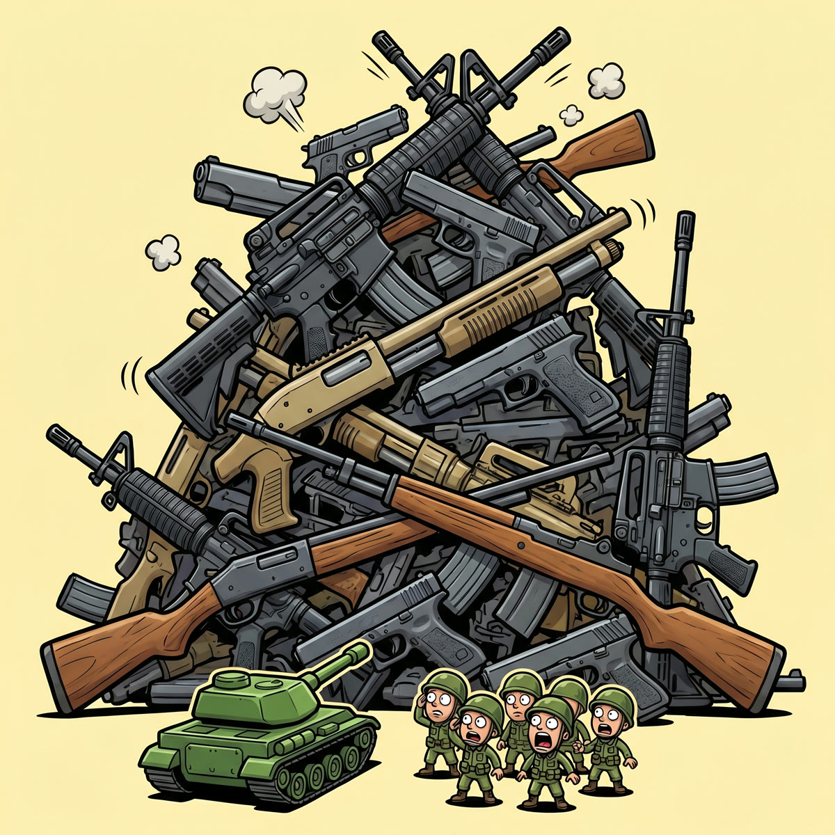 US Gun Statistics (2026): How Many Guns in America, Ownership Data, and Industry Facts 32 Cartoon illustration of a towering pile of civilian firearms looming over tiny frightened soldiers and a tank, showing U.S. civilians own about three times as many guns as every military on Earth combined. Source: USA Gun Shop.