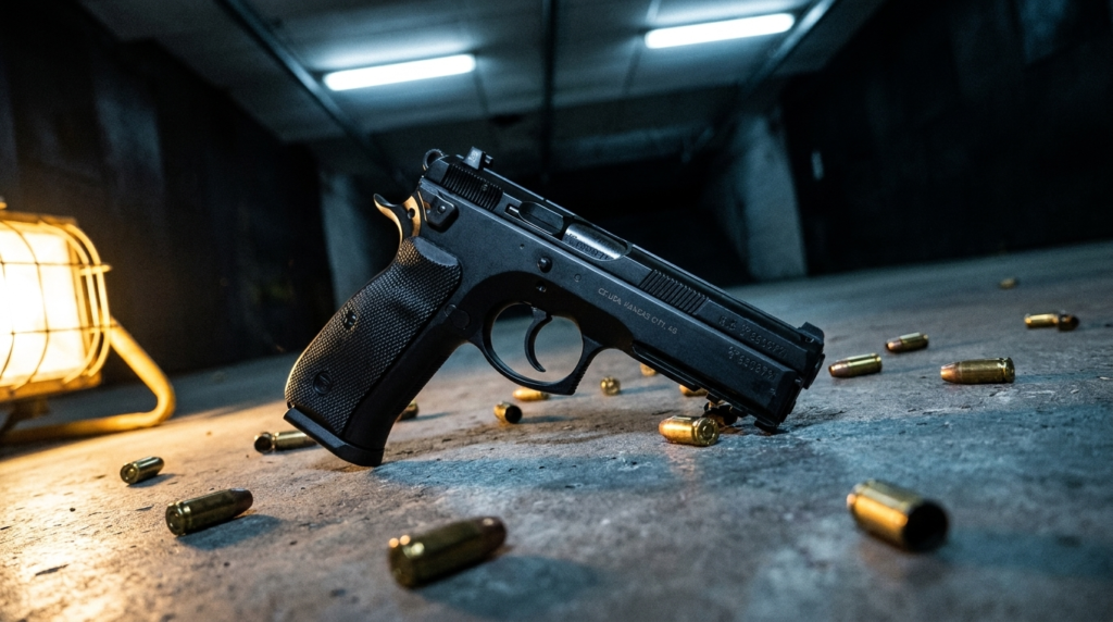 CZ 75 SP-01 Review (2026): The All-Steel 9mm Bargain, Tested 9 Low dramatic angle of the CZ 75 SP-01 on the concrete floor of an indoor range bay at night