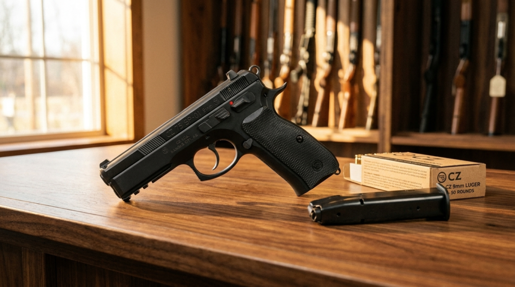 CZ 75 SP-01 Review (2026): The All-Steel 9mm Bargain, Tested 2 CZ 75 SP-01 9mm pistol on a walnut gun-shop counter beside a magazine and a box of 9mm