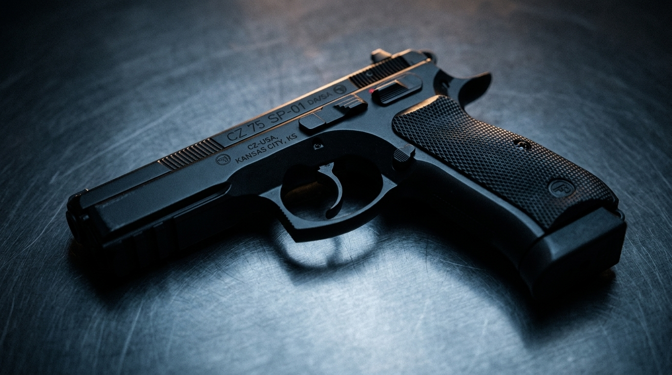CZ 75 SP-01 Review (2026): The All-Steel 9mm Bargain, Tested 1 Black CZ 75 SP-01 all-steel DA/SA 9mm pistol on a dark brushed-steel surface in moody studio light