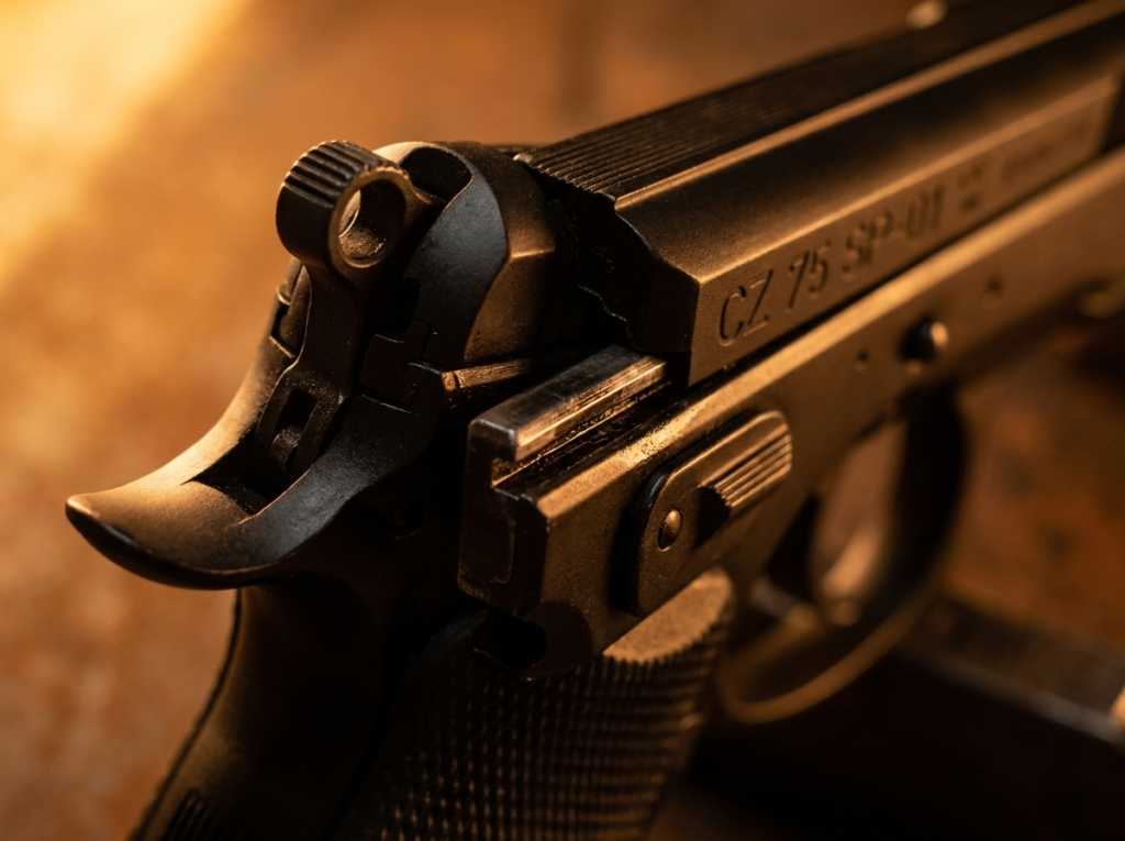 CZ 75 SP-01 Review (2026): The All-Steel 9mm Bargain, Tested 10 Macro close-up of the slide-in-frame rails, hammer and CZ 75 SP-01 markings