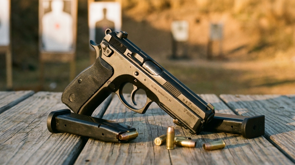 CZ 75 SP-01 Review (2026): The All-Steel 9mm Bargain, Tested 8 CZ 75 SP-01 resting on a wooden shooting bench at an outdoor range at golden hour