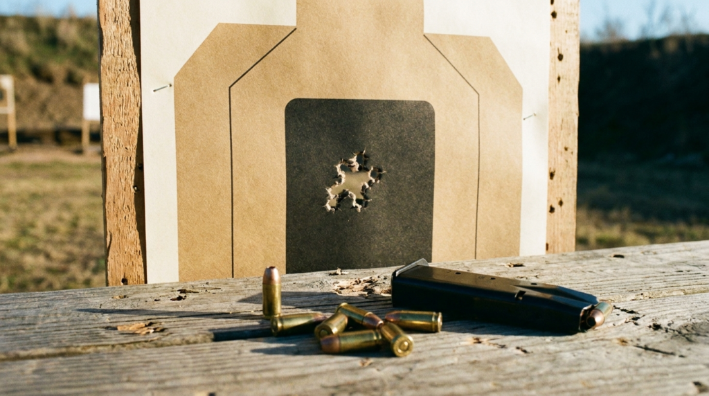 CZ 75 SP-01 Review (2026): The All-Steel 9mm Bargain, Tested 11 Paper silhouette target with a tight cluster of 9mm holes, spent brass and a magazine on a bench