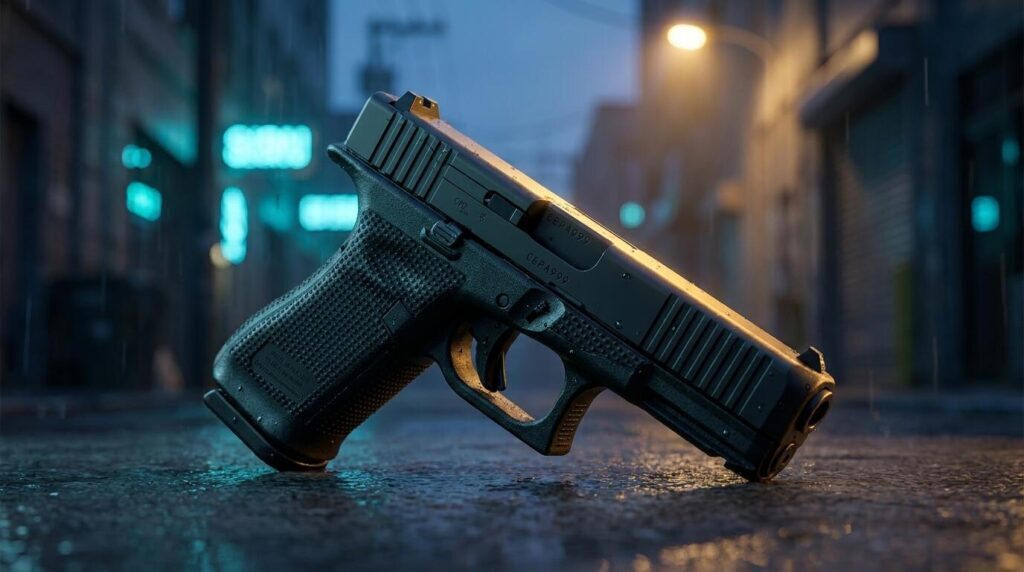 Glock 19 vs Glock 19X: Which Should You Carry? (2026) 9 Black Glock 19 Gen 6 on wet concrete in a city alley at blue hour
