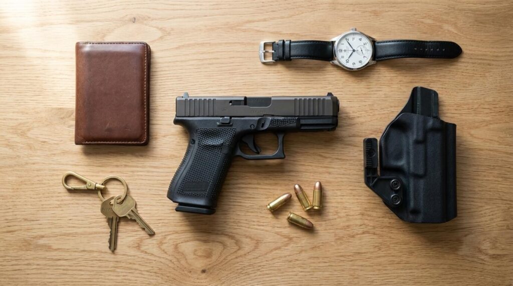 Glock 19 vs Glock 19X: Which Should You Carry? (2026) 11 Glock 19 Gen 6 everyday carry flat lay with wallet, holster, watch and 9mm ammo