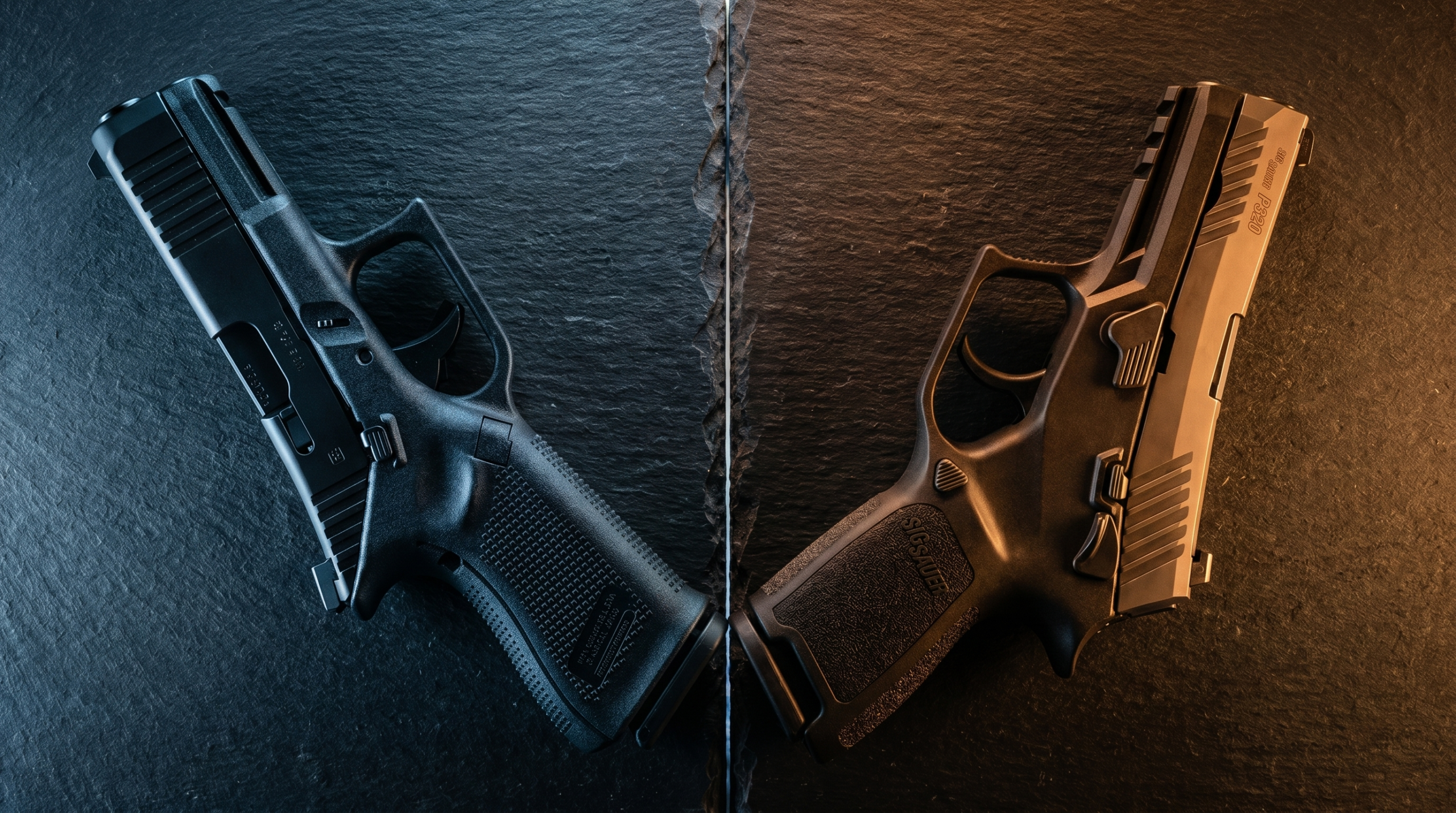 Glock 19 Gen 6 vs Sig P320 Compact: Which Duty-Size Carry Gun Wins? (2026) 3 Glock 19 Gen 6 and Sig P320 Compact at a 45-degree angle in a versus composition