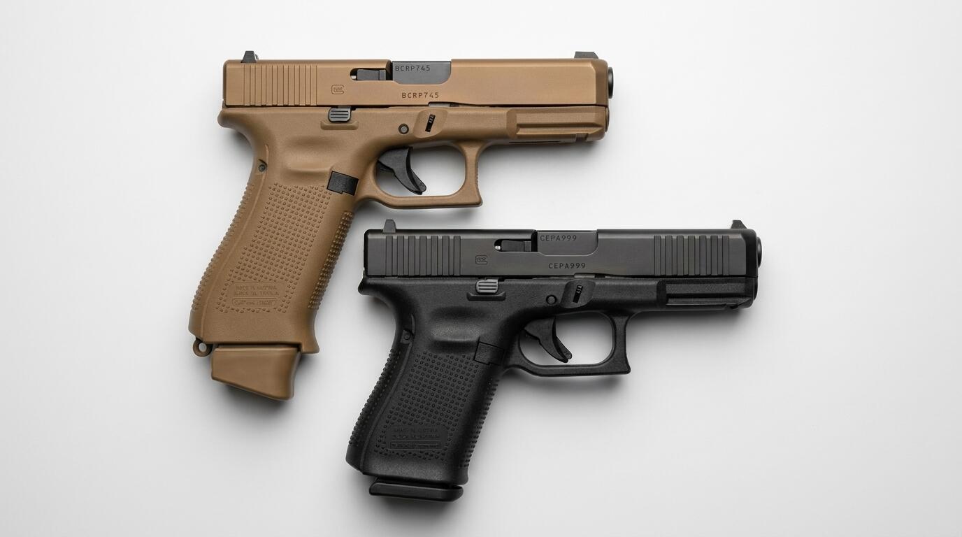 Glock 19X next to a Glock 19 showing the difference in grip length