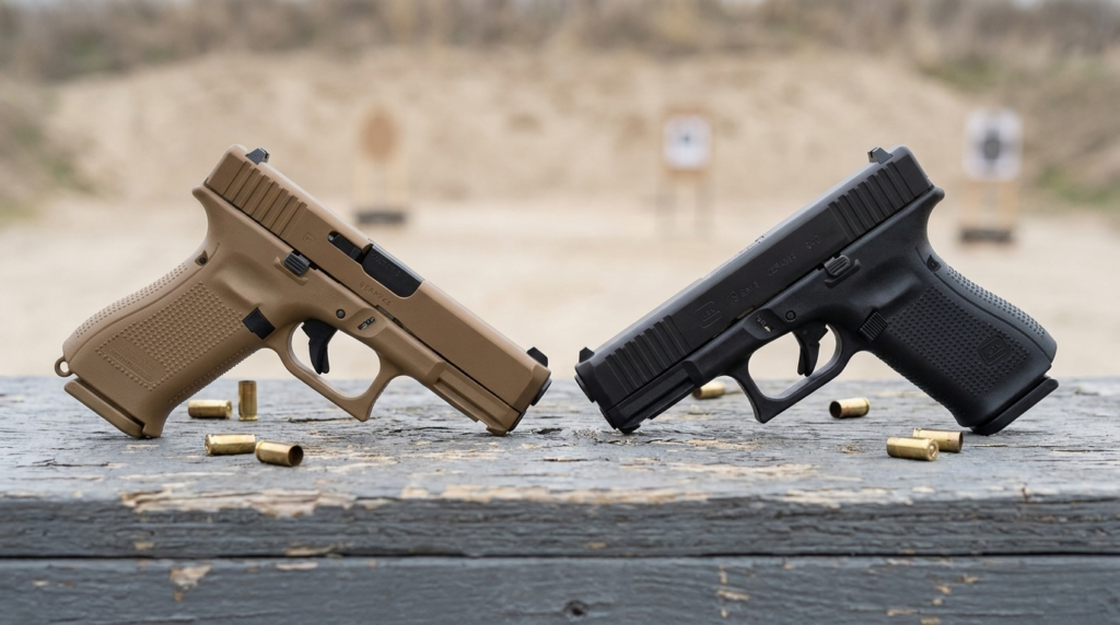 Glock 19 vs Glock 19X: Which Should You Carry? (2026) 7 Glock 19 Gen 6 and coyote-tan Glock 19X side by side on a wooden range bench