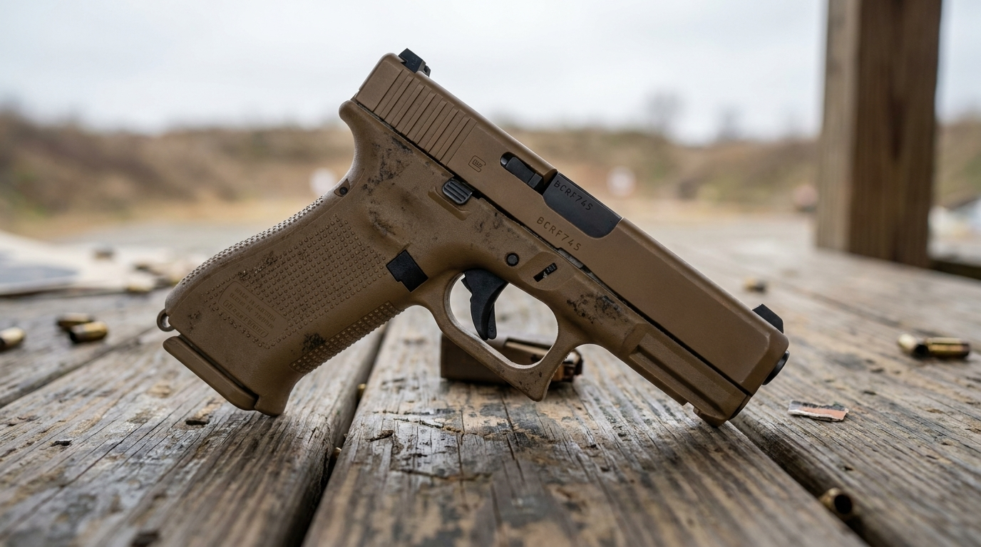 Coyote Tan Glock 19X showing the compact slide on a full-size frame