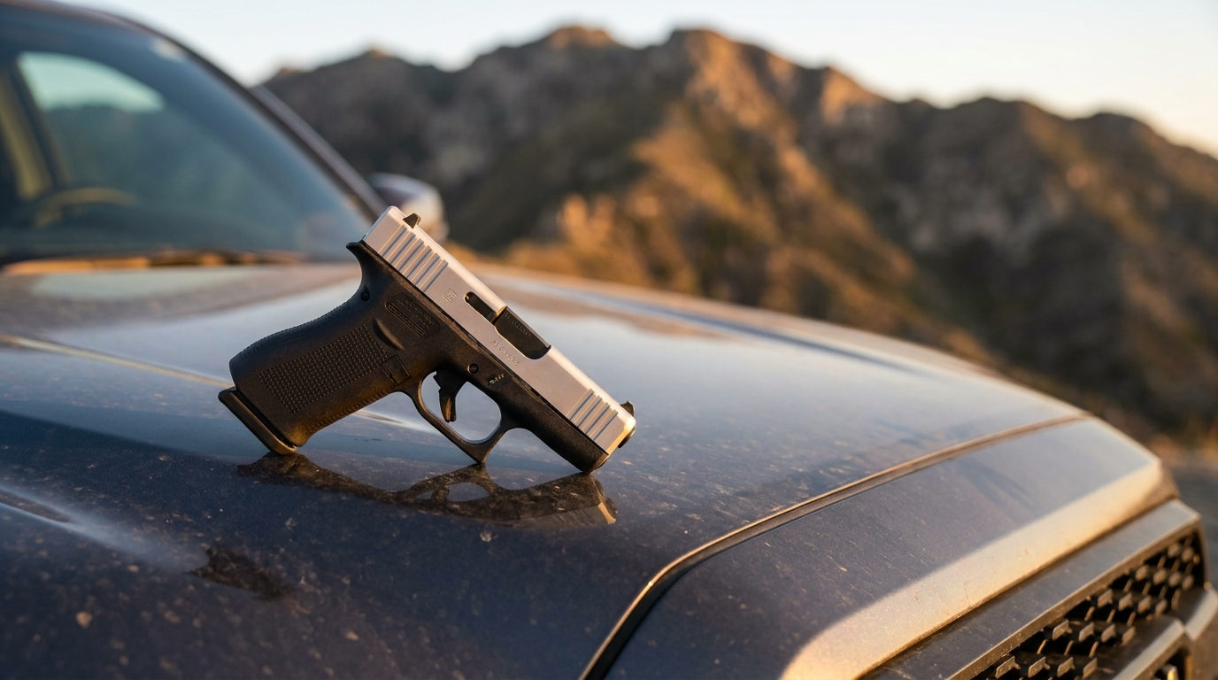 Two-tone Glock 43X slimline pistol on a truck hood at golden hour with mountains behind