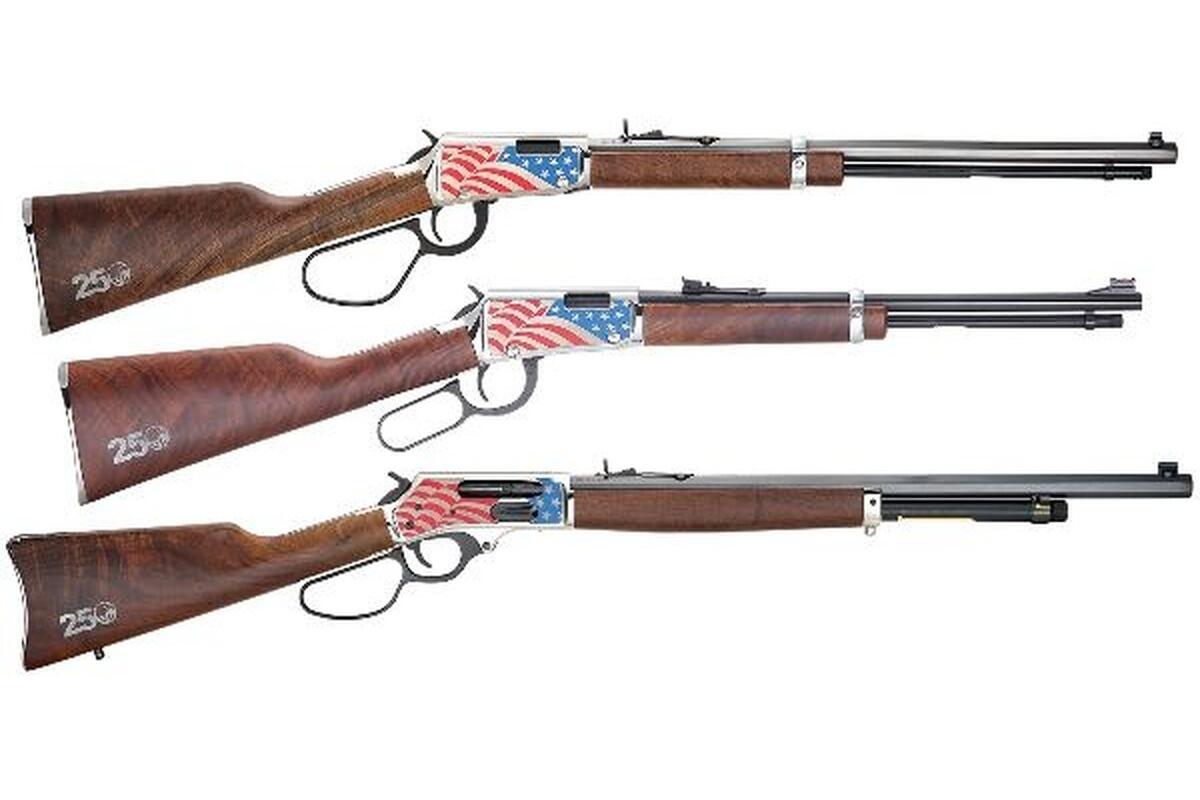 Henry America's 250th Anniversary lever-action rifle with red, white, and blue waving-flag Cerakote finish and nickel receiver