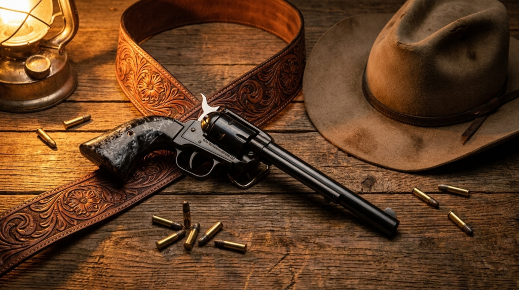Heritage Rough Rider Review (2026): The $150 Revolver, Tested 2 Heritage Rough Rider revolver on a leather gun belt beside a cowboy hat