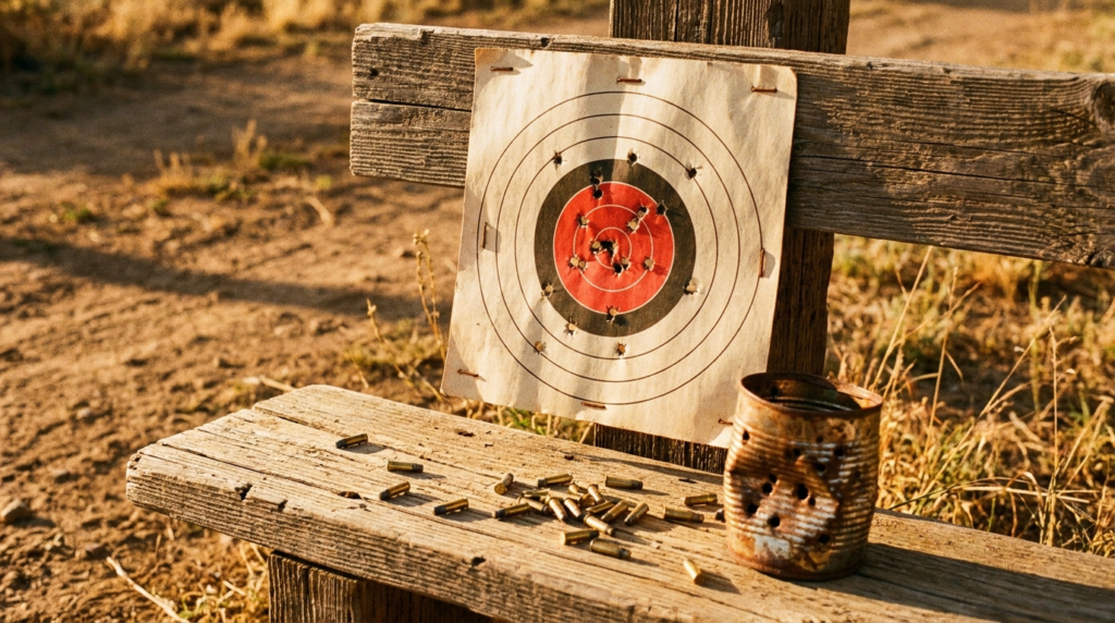 Heritage Rough Rider Review (2026): The $150 Revolver, Tested 10 Paper target shot with the Heritage Rough Rider .22 with scattered brass and a shot-up tin can