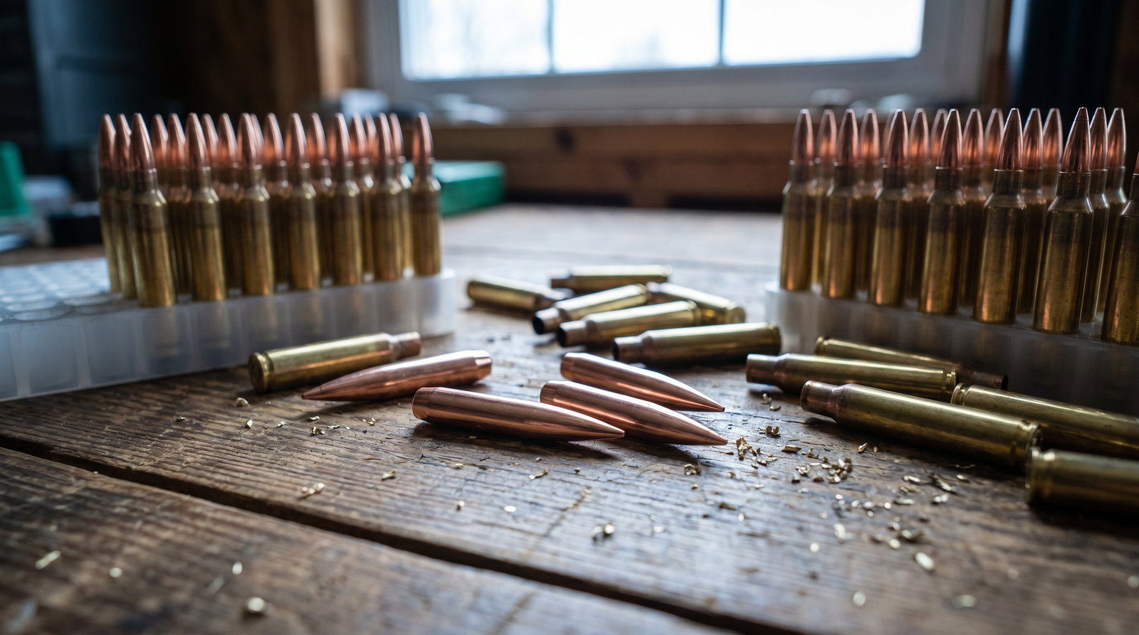 Loaded .223 cartridges in ammo trays with loose brass cases and long copper boat-tail bullets on a wooden reloading bench