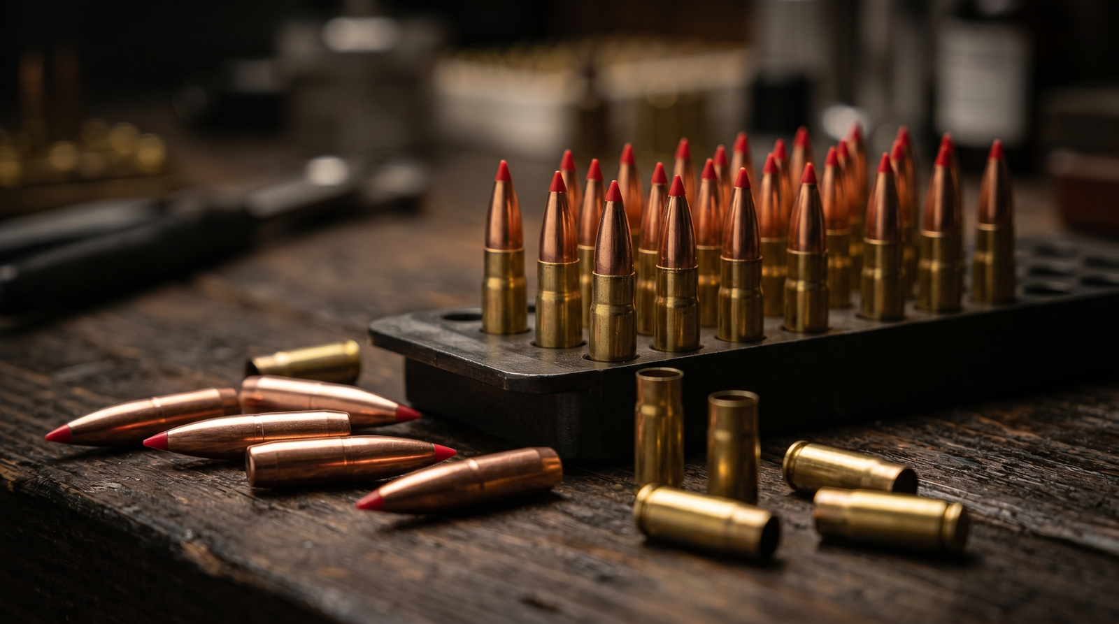 Loading block of reloaded .300 Blackout cartridges with short cases and red-tipped bullets, loose brass and .30 caliber bullets on a dark reloading bench