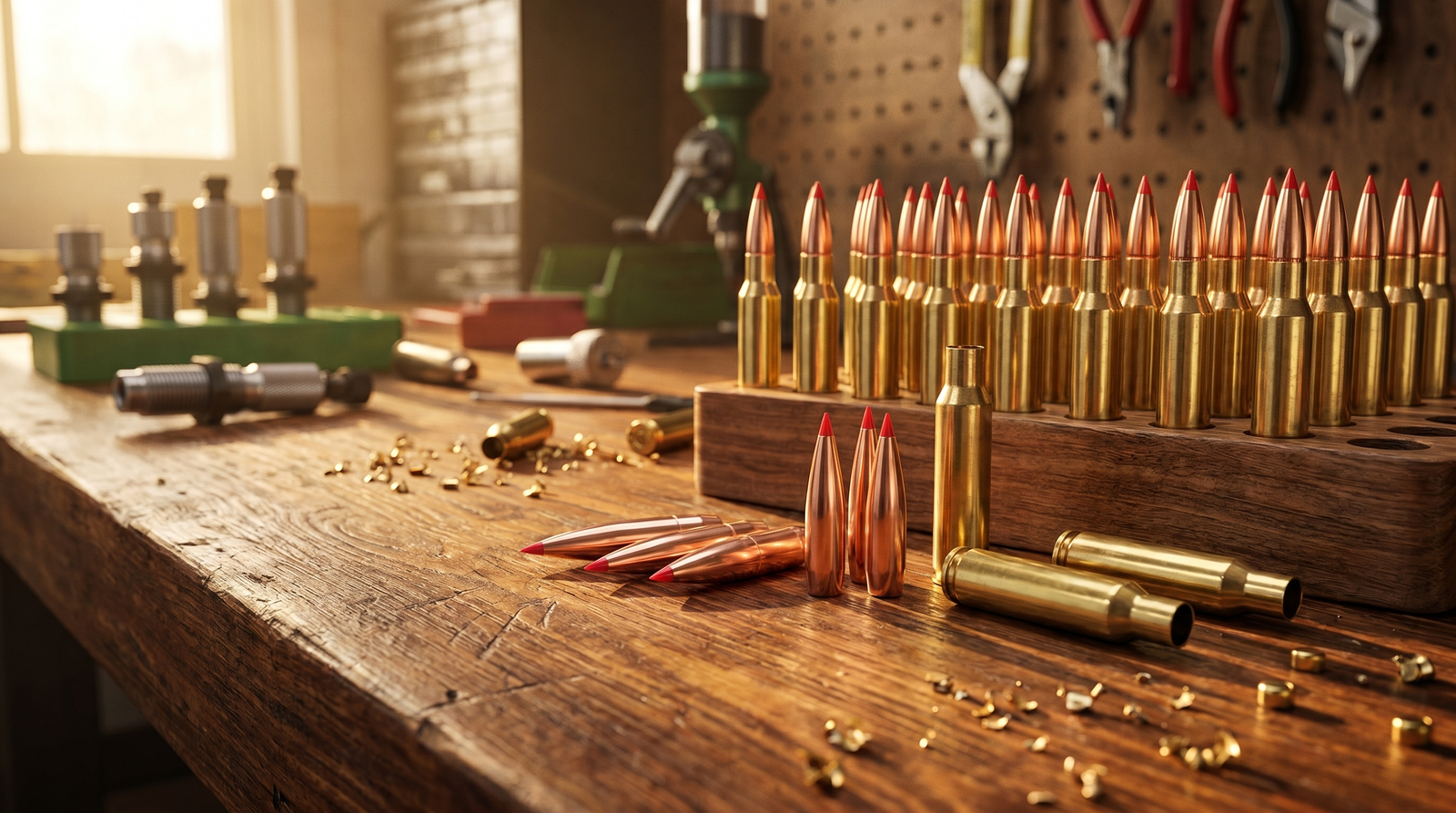 Loading block of reloaded .308 cartridges with red-tipped match bullets, brass cases, and reloading dies on a wooden bench