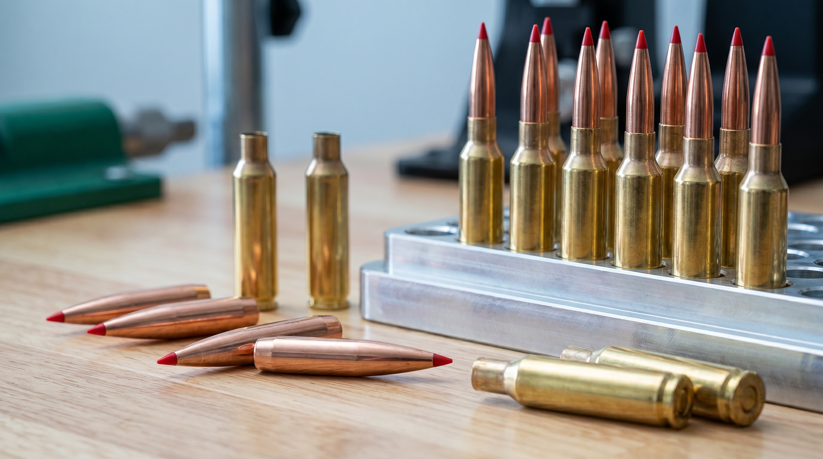 Loaded 6.5 Creedmoor cartridges with red-tipped match bullets, brass cases and sleek 6.5mm bullets on a precision reloading bench