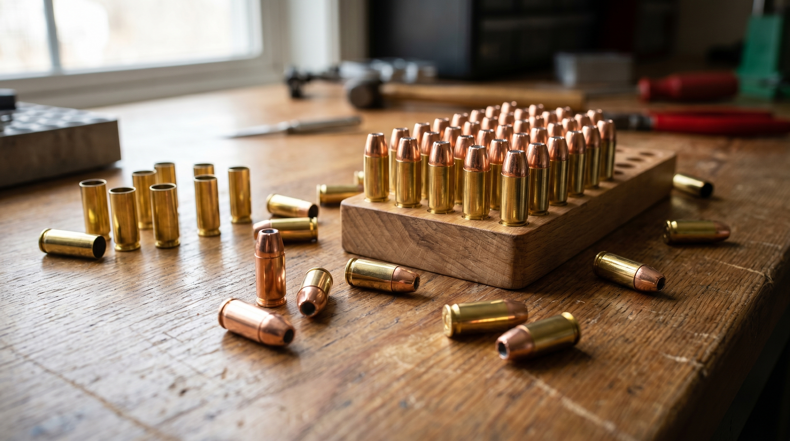 Loading block of reloaded 9mm cartridges with loose brass cases and copper-jacketed bullets on a wooden reloading bench
