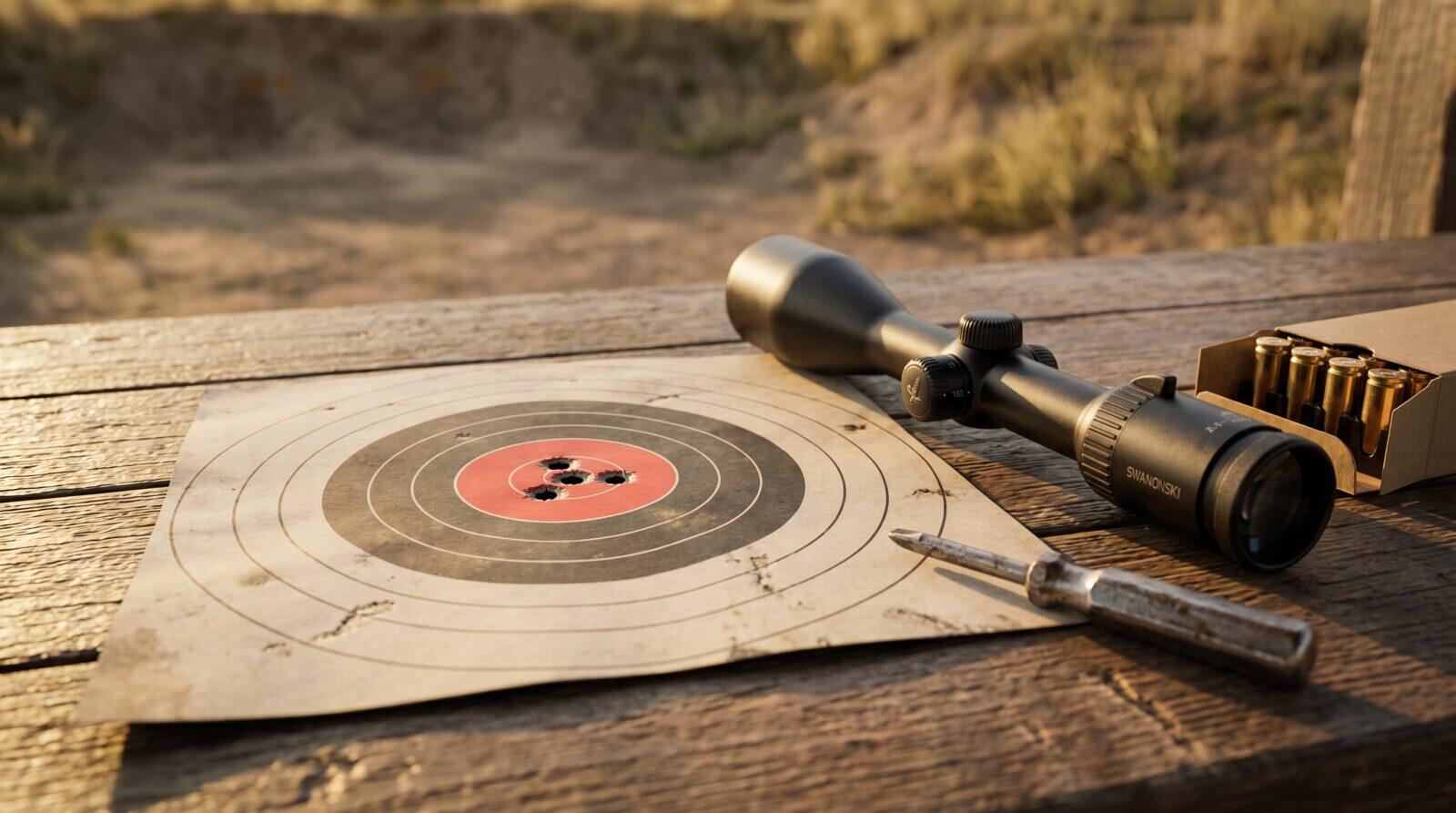 Paper bullseye target with a tight three-shot group beside a riflescope and rifle cartridges on a shooting bench
