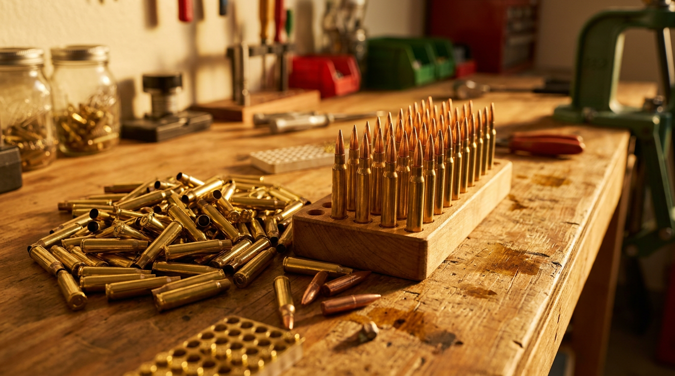 A loading block of freshly reloaded rifle cartridges beside a pile of brass cases on a workbench