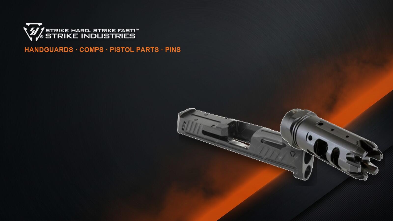 Strike Industries logo with a ported pistol slide and King Comp muzzle brake on a dark orange-lit studio background