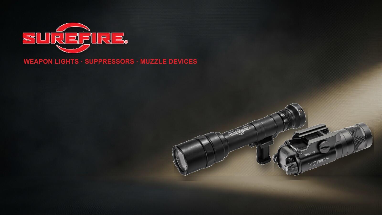 SureFire logo with a Scout Light rifle weapon light and X300 pistol light on a dark studio background
