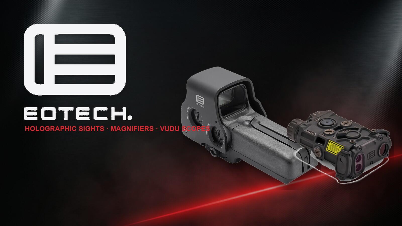 EOTech logo with a 558 holographic weapon sight and a laser aiming device on a dark studio background