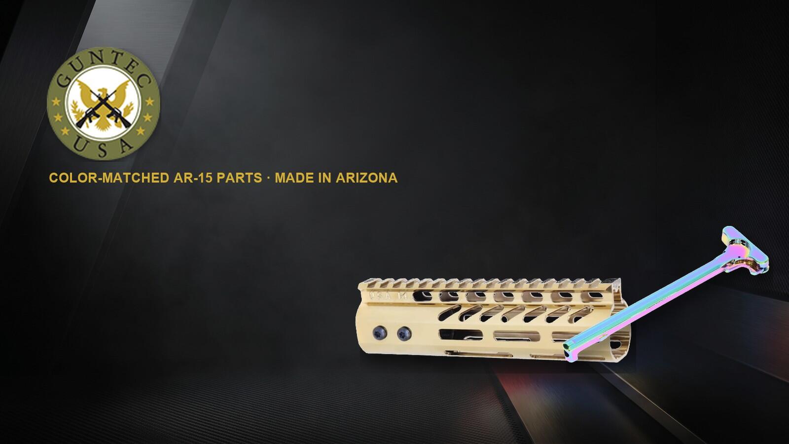 Guntec USA logo with a gold-plated M-LOK handguard and Rainbow PVD charging handle on a dark studio background