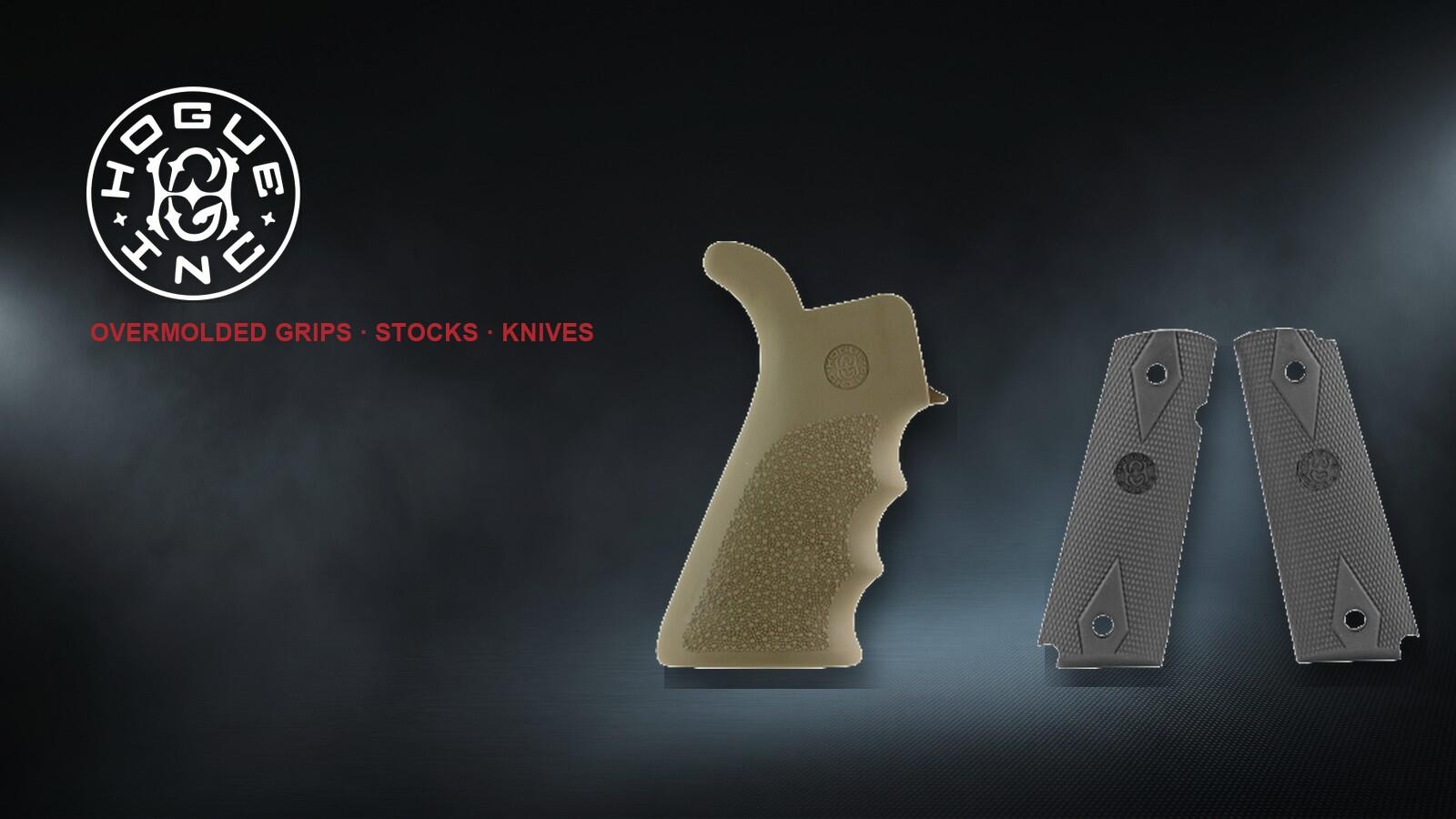 Hogue Inc logo with a Desert Tan OverMolded AR-15 grip and black 1911 grip panels on a dark studio background
