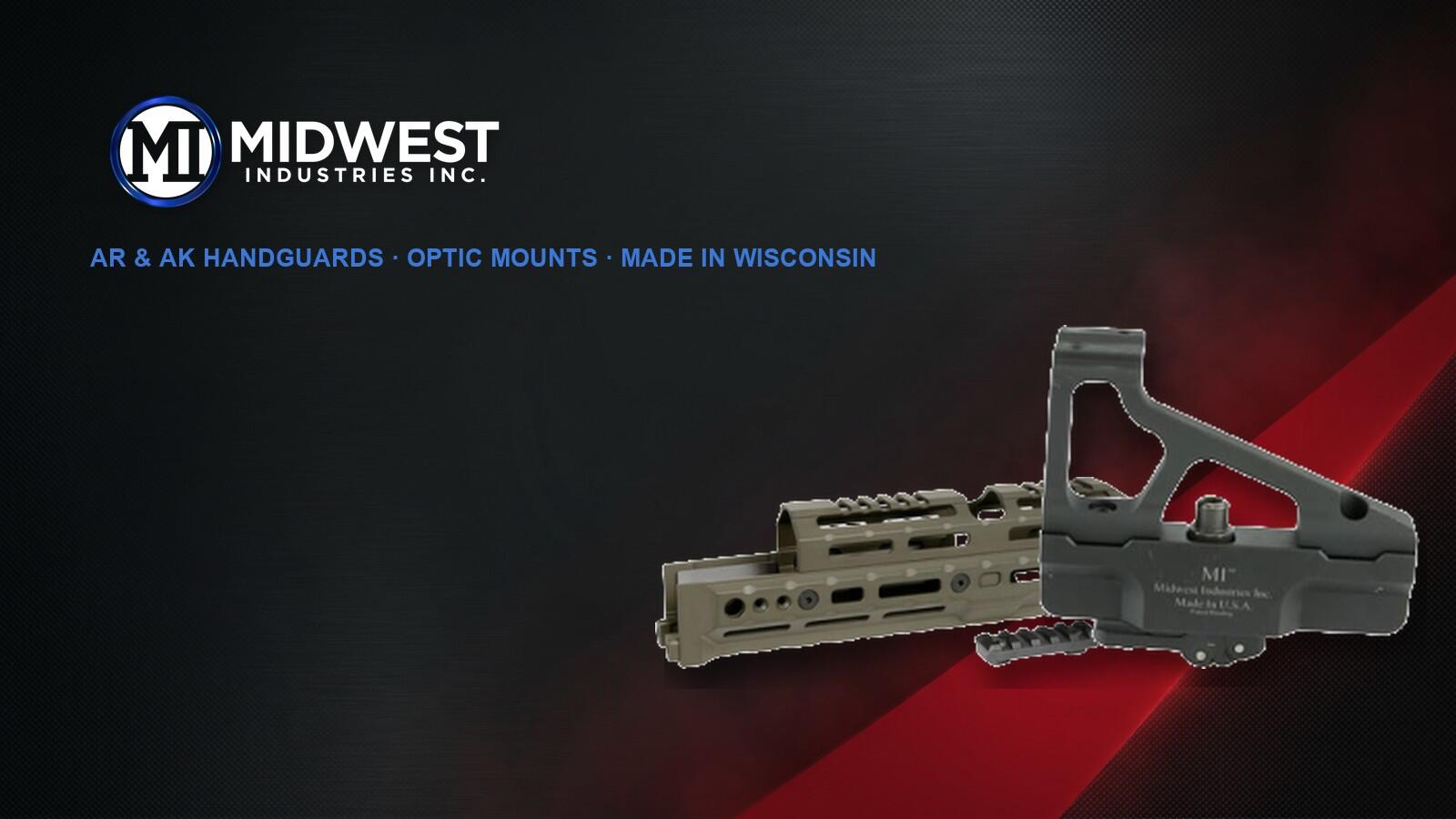 Midwest Industries logo with an OD green AK Alpha M-LOK handguard and AK optic mount on a dark studio background