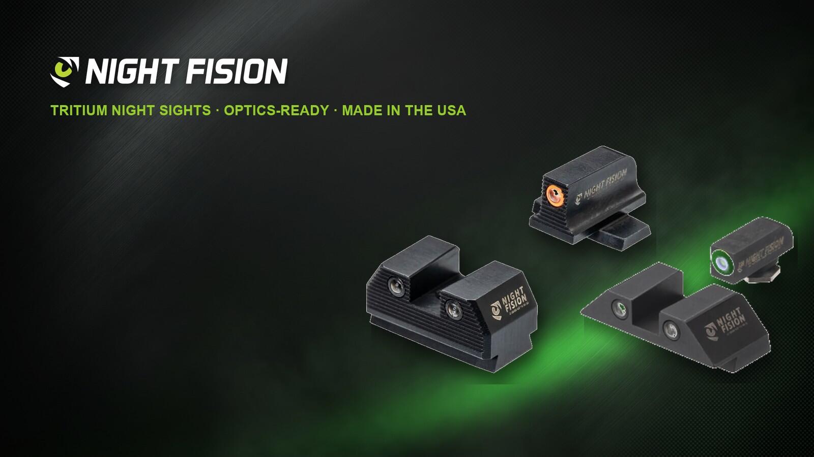 Night Fision logo with two tritium night sight sets, orange and green front rings, on a dark green-lit studio background
