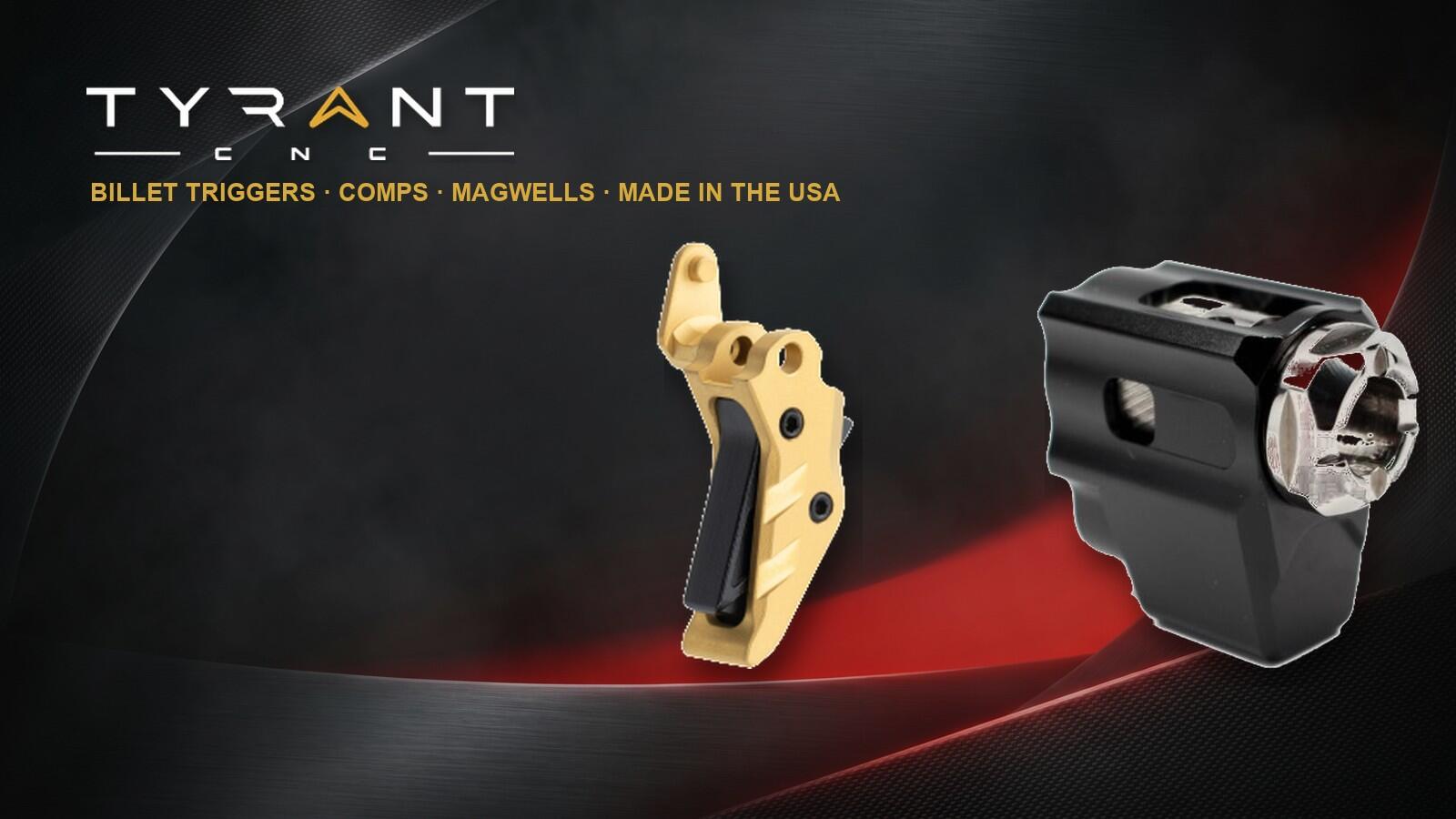 Tyrant CNC logo with a gold Intellifire flat trigger and black-nickel T-Comp compensator on a dark studio background