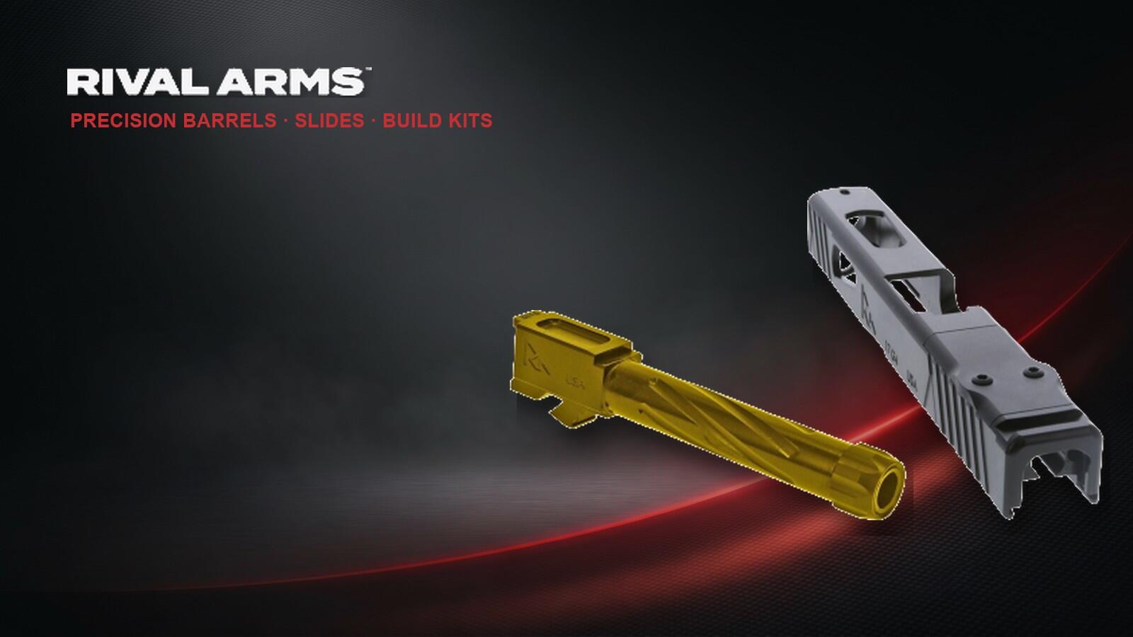 Rival Arms logo with a gold PVD fluted pistol barrel and optic-ready slide on a dark red-lit studio background