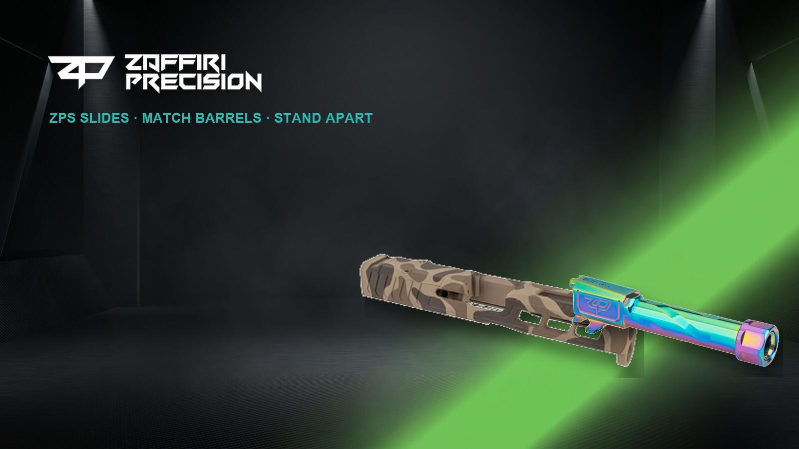 Zaffiri Precision logo with a Duck Camo ZPS Glock slide and Spectrum PVD barrel on a dark studio background