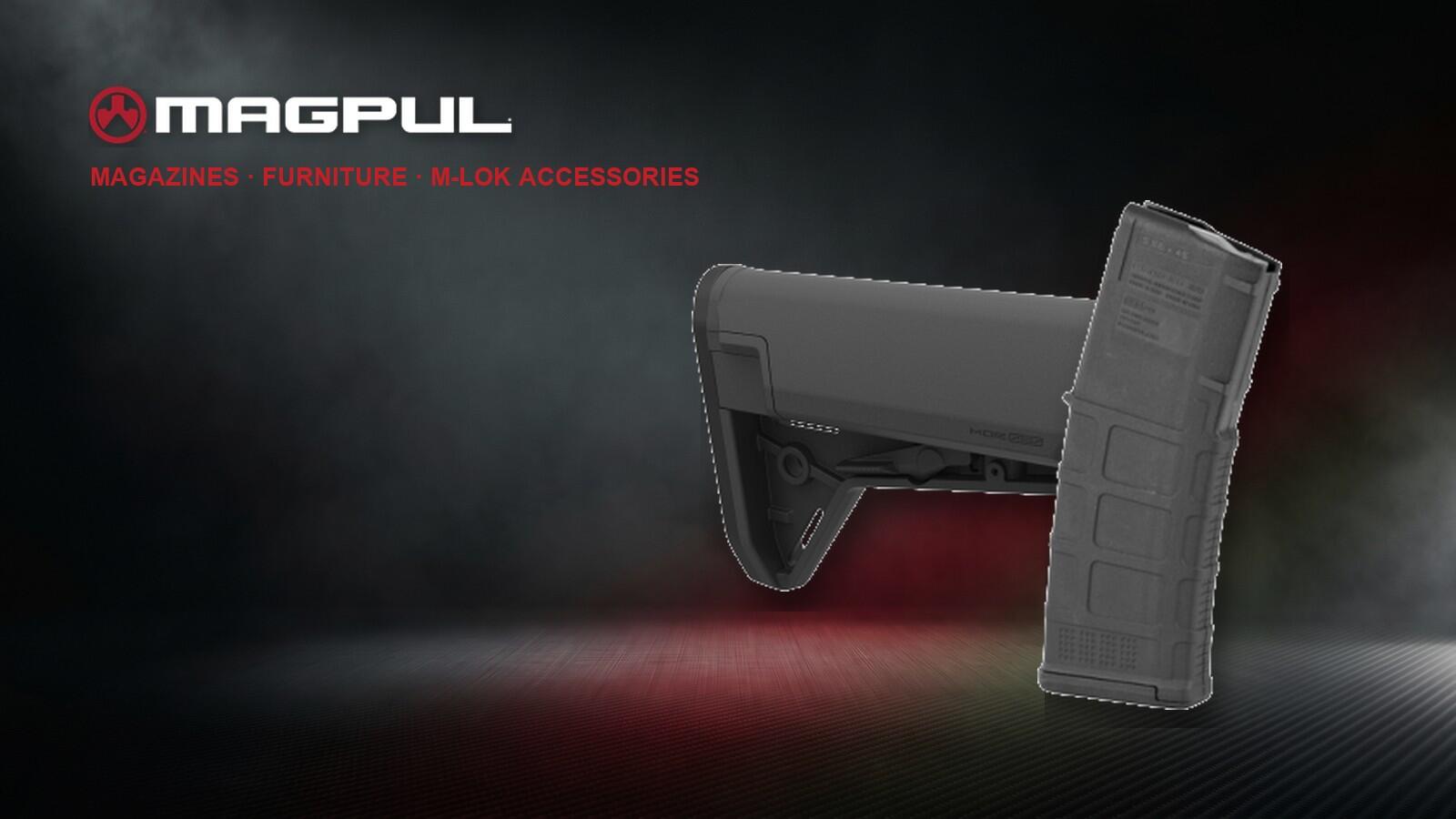 Magpul logo with a PMAG GEN M3 magazine and MOE SL-S stock on a dark red-lit studio background