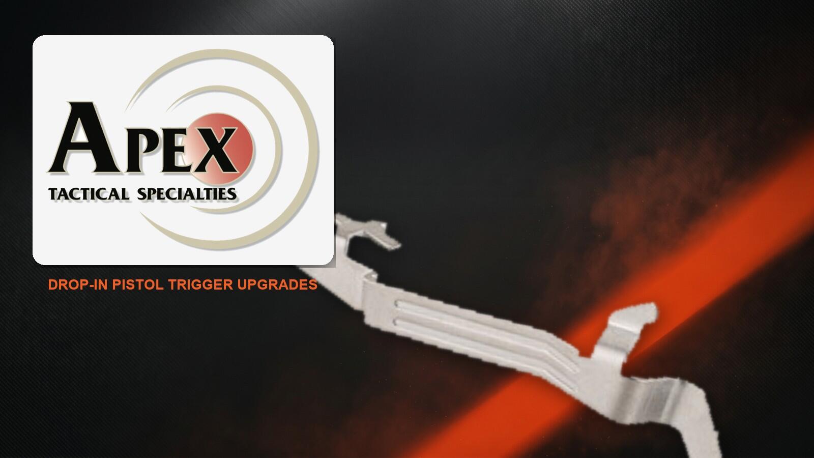 Apex Tactical Specialties logo with a drop-in trigger part on a charcoal and orange background