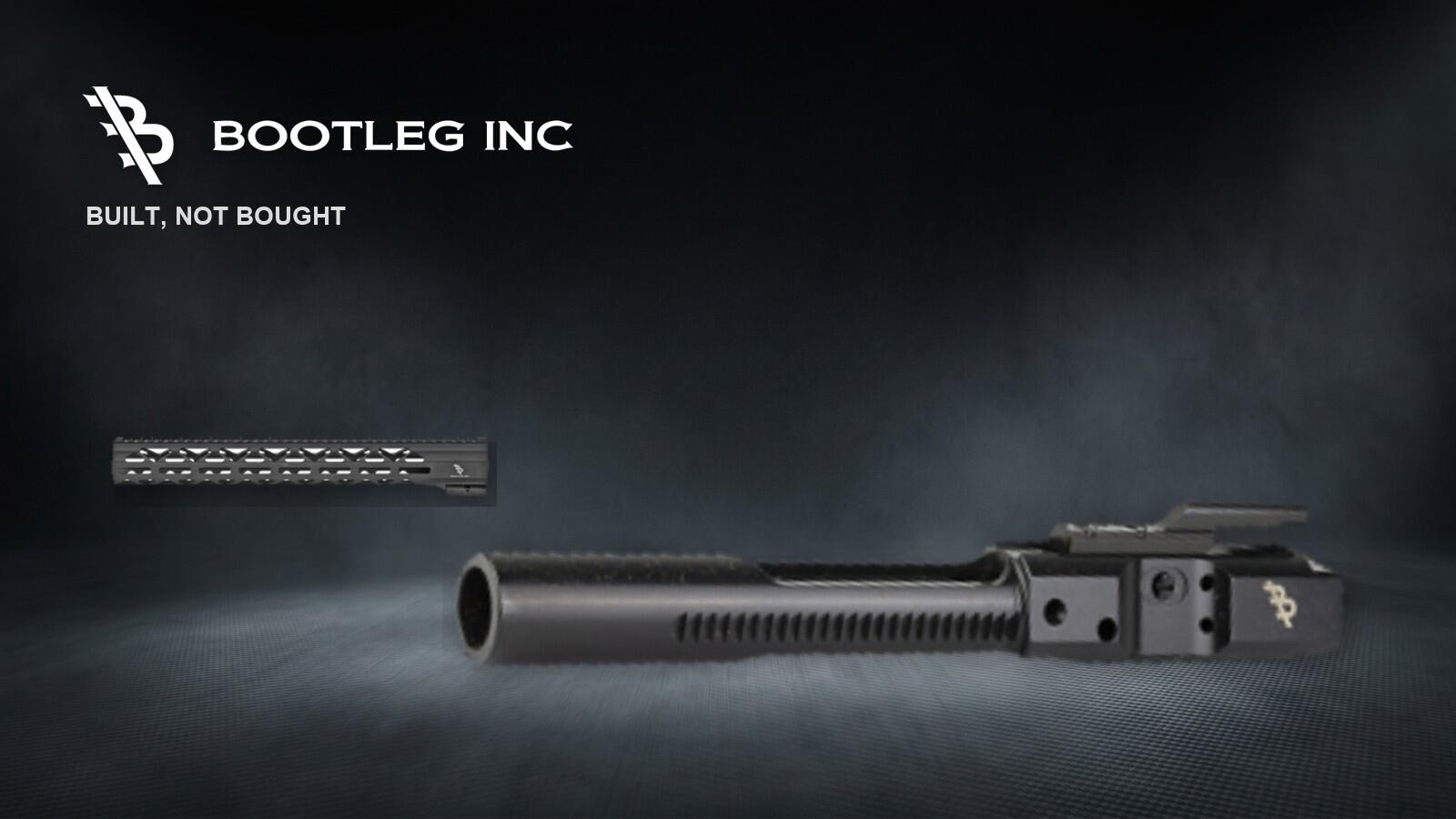 Bootleg Inc logo with the four-position adjustable bolt carrier group and QM handguard on a dark charcoal background