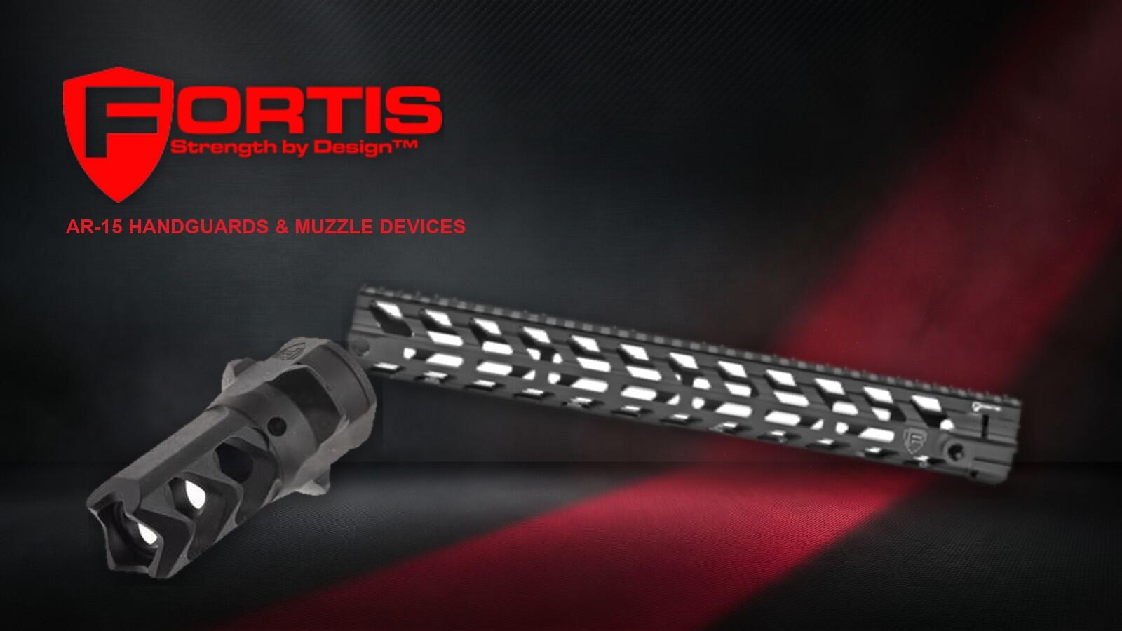 Fortis Manufacturing logo with REV M-LOK handguard and Slipstream muzzle brake on a charcoal and red background